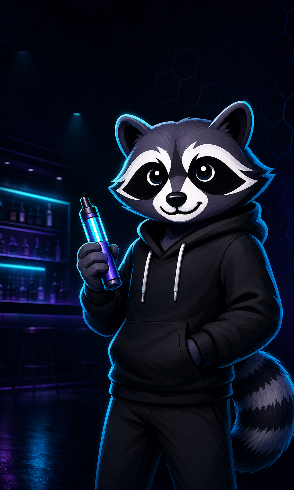 Trash Panda raccoon mascot in a modern nightlife venue